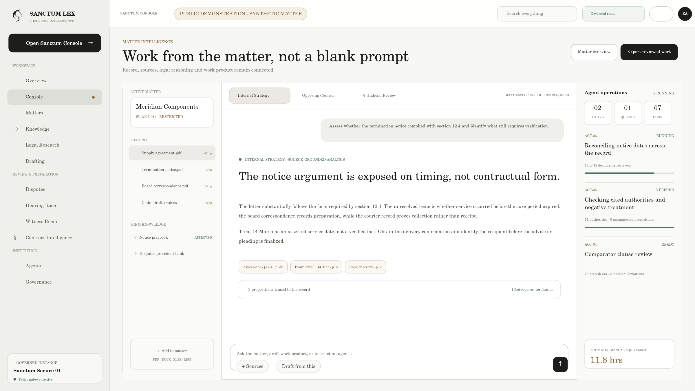 Sanctum Lex Console showing a governed matter, source-grounded legal analysis, citations and agent operations.